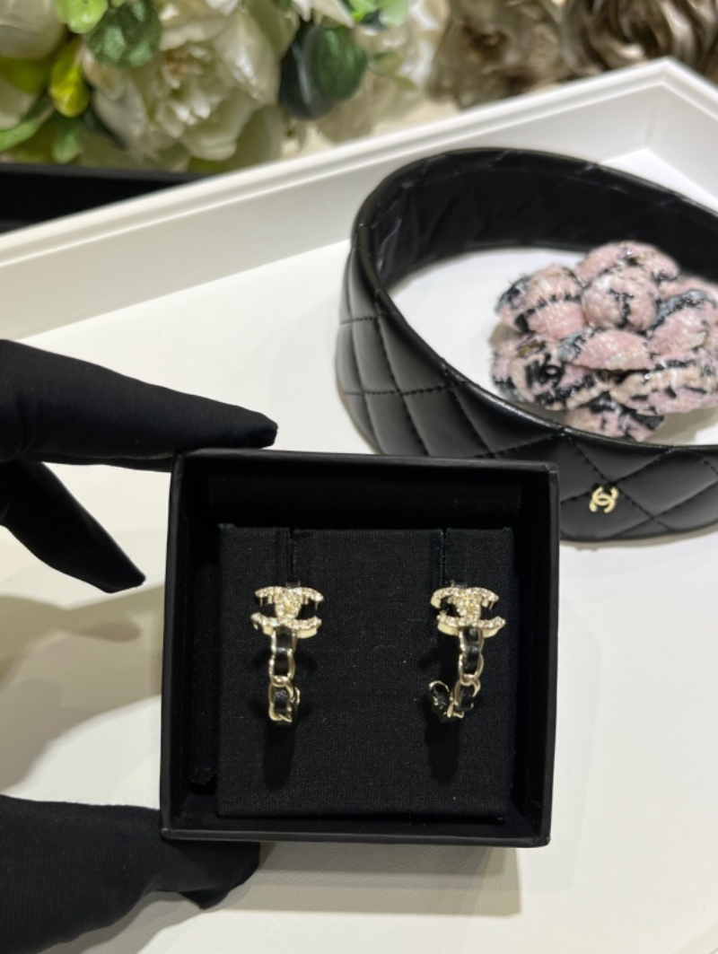 CHE79 New Gold Full Diamond Double C Batch Chain Loop Earrings Jewelry