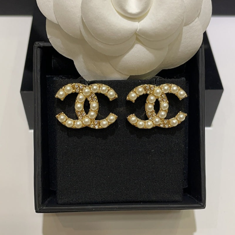 CHE86 Women's 24A rhinestone pearl double C earring jewelry