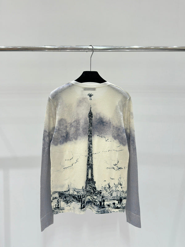 DIC029 Early fall new gradient Paris Tower print knitted long-sleeved clothes