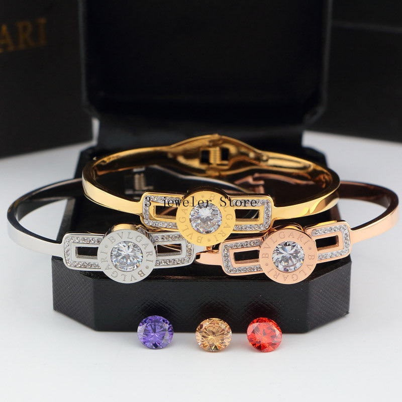 BVB28 14K Rose Gold Titanium Steel Multi-Diamond Circle Letter Bracelet Jewelry