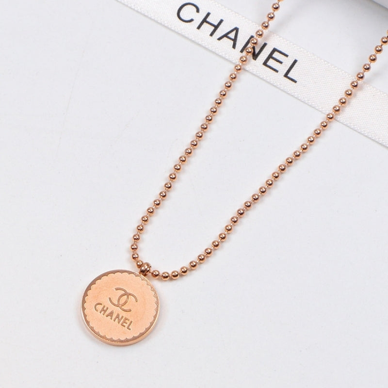 CHN75 18K Titanium Steel Color Gold Round Bead Chain Pendant Couple Necklace Jewelry