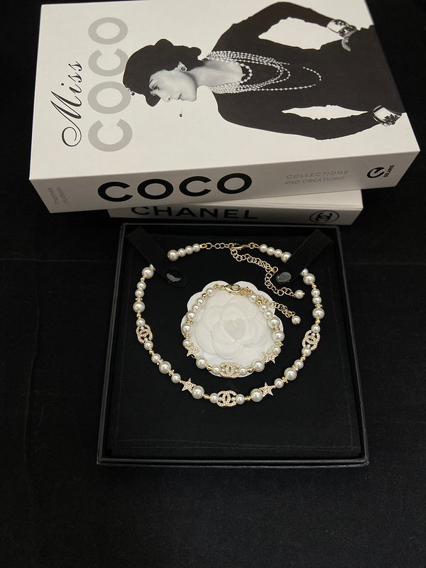 CHN30 Gold full diamond double C little star pearl necklace Jewelry