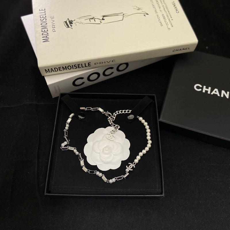 CHN89 Black and white square diamond double C patchwork pearl silver necklace jewelry
