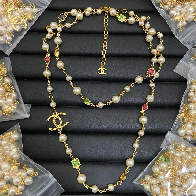 CHN123 Women's Early Spring Color Diamond Double C Pearl Sweater Chain Jewelry