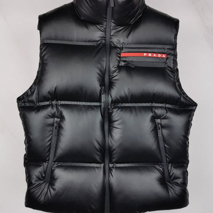 PKC1 Red label pressed rubber down vest, male and female couples