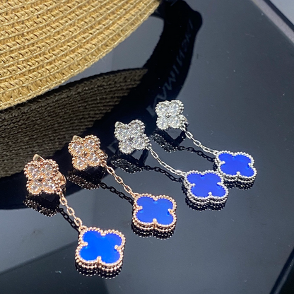 VAE53  Women's new blue chalcedony diamond studded two flower earring jewelry