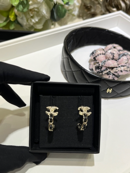 CHE79  New Gold Full Diamond Double C Batch Chain Loop Earrings Jewelry