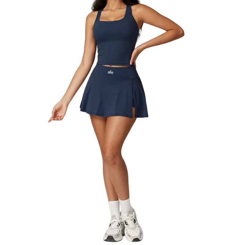 ALC14   Women's Sports Yoga 2-Piece Set: Tank Top + Tennis Skirt with Built-in Shorts, Anti-Exposure, Athletic Mini Skirt clother