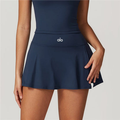 ALC14   Women's Sports Yoga 2-Piece Set: Tank Top + Tennis Skirt with Built-in Shorts, Anti-Exposure, Athletic Mini Skirt clother