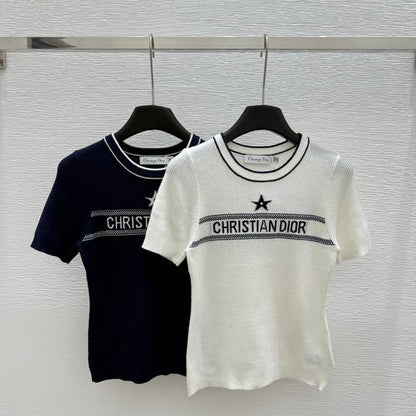 DIC118  Round neck color contrast letter knitted short sleeve clothes