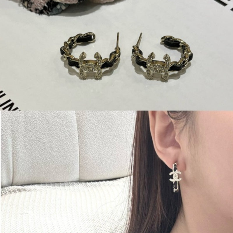 CHE79  New Gold Full Diamond Double C Batch Chain Loop Earrings Jewelry