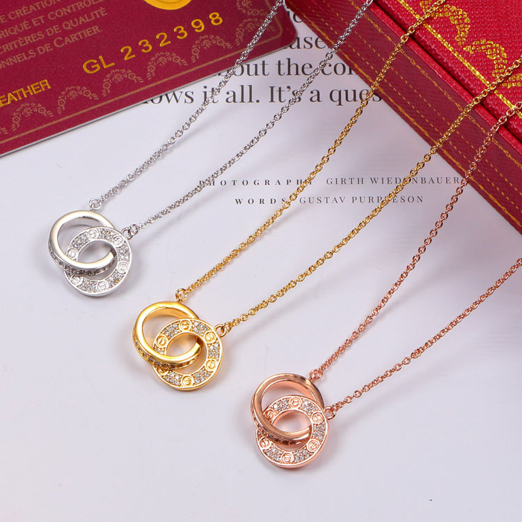 CAN8   18K Titanium Steel Color Gold Letter Double Ring Full Rhinestone Pendant Couple Necklace  Jewelry