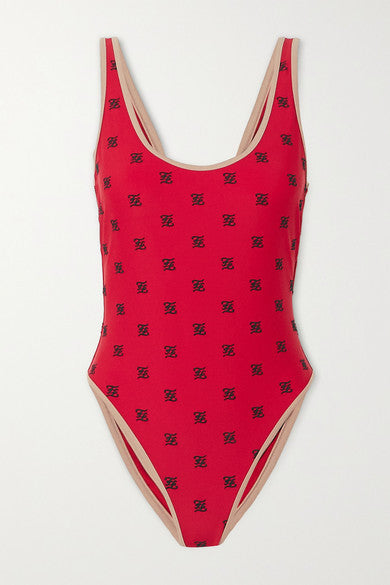 FD25  Summer one-piece red embroidered swimsuit women