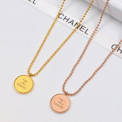 CHN75 18K Titanium Steel Color Gold Round  Bead Chain Pendant Couple Necklace  Jewelry