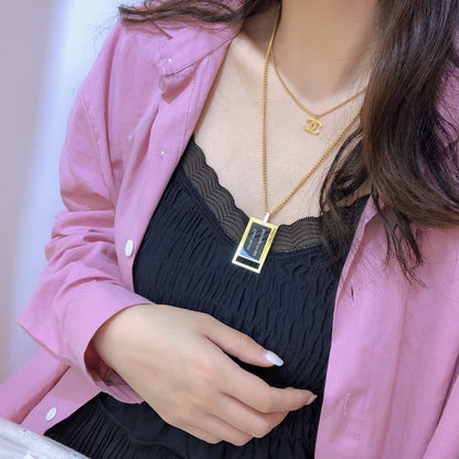 X012   Women's titanium steel double black square necklace jewelry