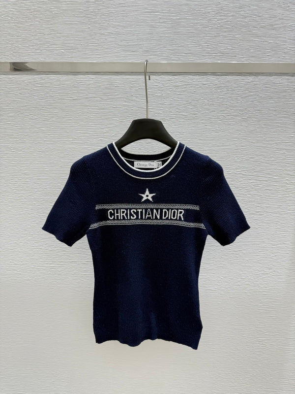 DIC118  Round neck color contrast letter knitted short sleeve clothes