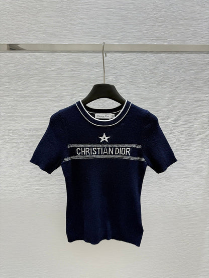 DIC118  Round neck color contrast letter knitted short sleeve clothes