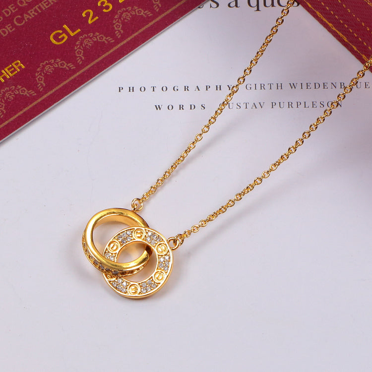 CAN8   18K Titanium Steel Color Gold Letter Double Ring Full Rhinestone Pendant Couple Necklace  Jewelry