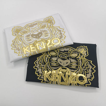 KEC34   Fashion Tiger Head Gold Embroidered T-shirt