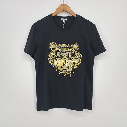 KEC34   Fashion Tiger Head Gold Embroidered T-shirt