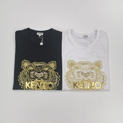 KEC34   Fashion Tiger Head Gold Embroidered T-shirt