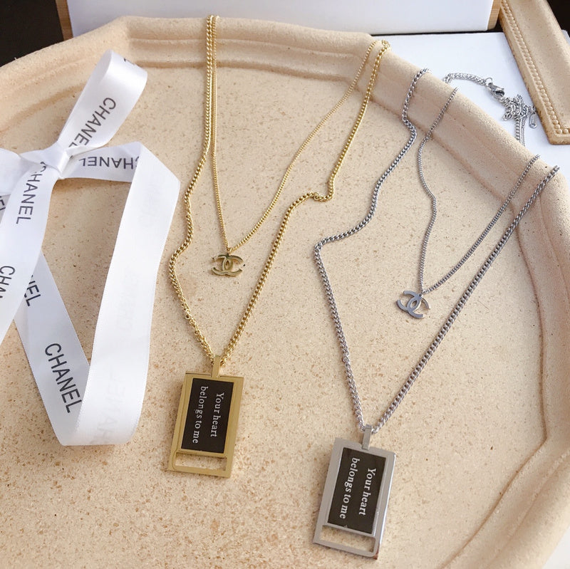 X012   Women's titanium steel double black square necklace jewelry