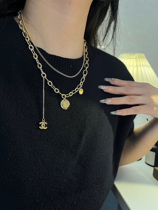 X088  Women's titanium steel double layer necklace jewelry