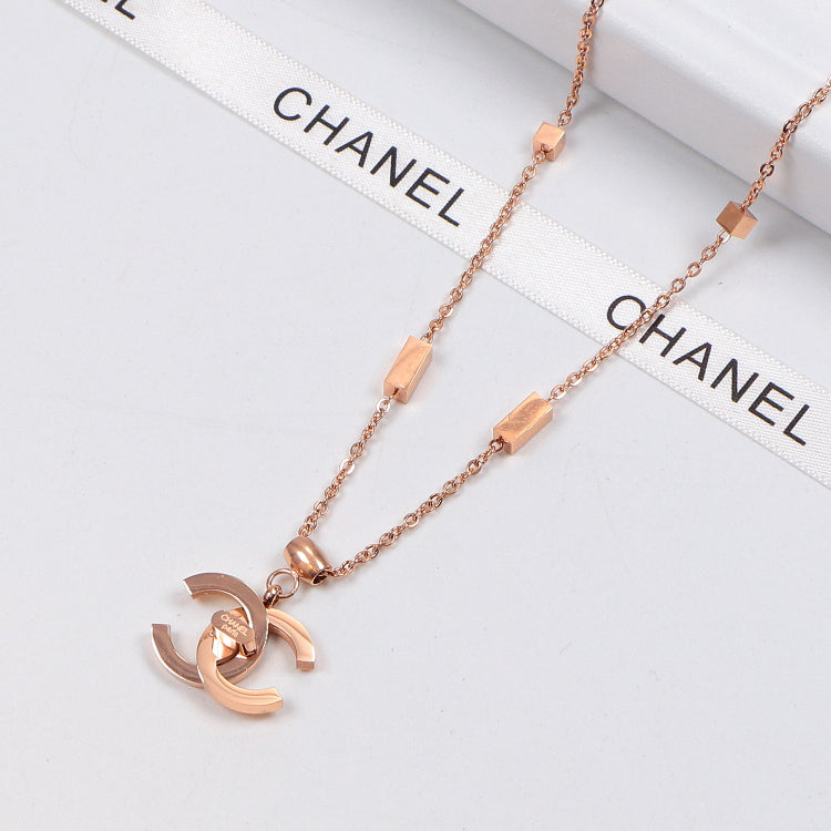 CHN6 Square Stereo Double C 18K Titanium Steel Color Gold Plated Couple Pendant Necklace