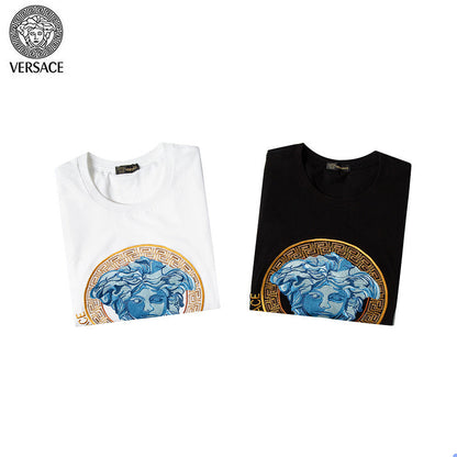 VEC3  Men's and women's gold border and blue Medusa portrait short-sleeved T-shirt