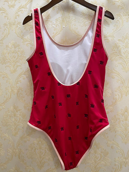 FD25  Summer one-piece red embroidered swimsuit women