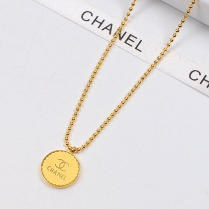 CHN75 18K Titanium Steel Color Gold Round  Bead Chain Pendant Couple Necklace  Jewelry