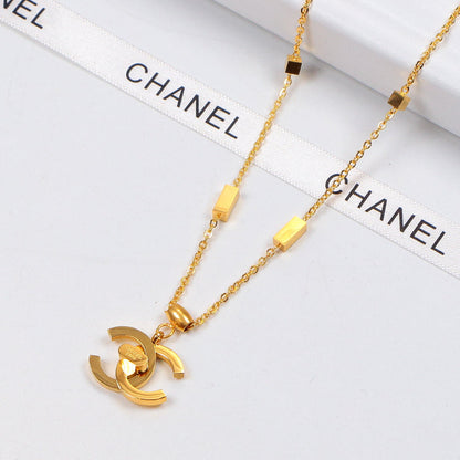 CHN6 Square Stereo Double C 18K Titanium Steel Color Gold Plated Couple Pendant Necklace