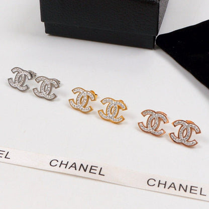 CHE111 18K Titanium Steel Color Gold Couple Letter White Diamond Stud Earrings  Jewelry