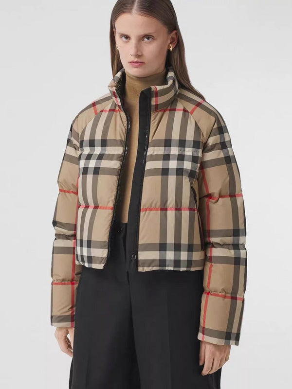 BKC2  Classic plaid stand-up collar zipper down jacket for women