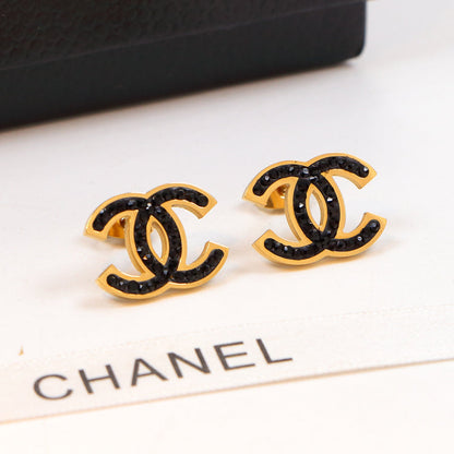 CHE118  18K Titanium Steel Color Gold Couple Double C Letter Black Diamond Stud Earrings  Jewelry