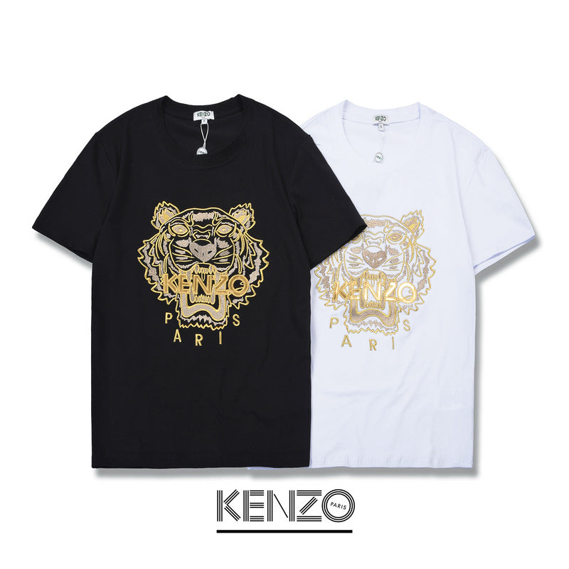 KEC34   Fashion Tiger Head Gold Embroidered T-shirt