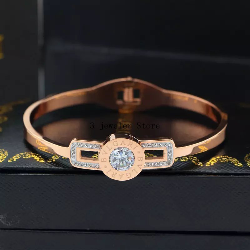 BVB28   14K Rose Gold Titanium Steel Multi-Diamond Circle Letter Bracelet  Jewelry