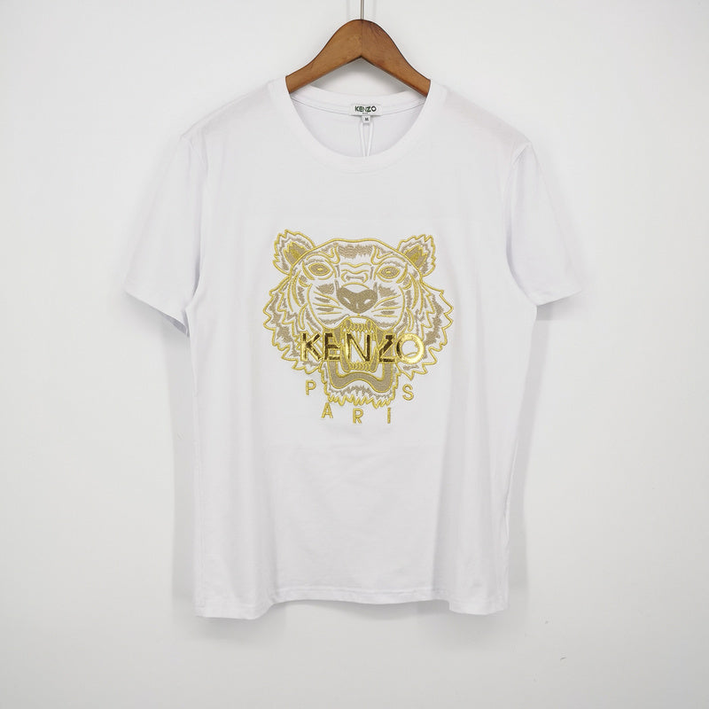 KEC34   Fashion Tiger Head Gold Embroidered T-shirt