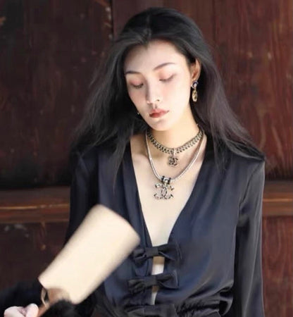 X555  Women's three-layer leather diamond necklace jewelry