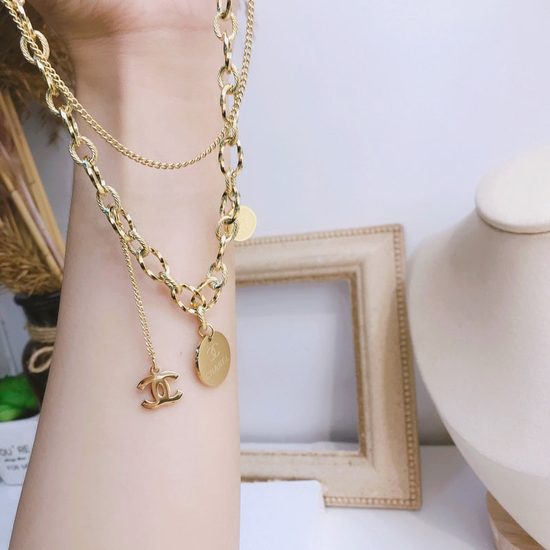 X088  Women's titanium steel double layer necklace jewelry