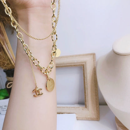 X088  Women's titanium steel double layer necklace jewelry