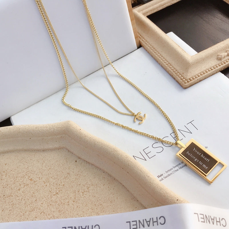 X012   Women's titanium steel double black square necklace jewelry