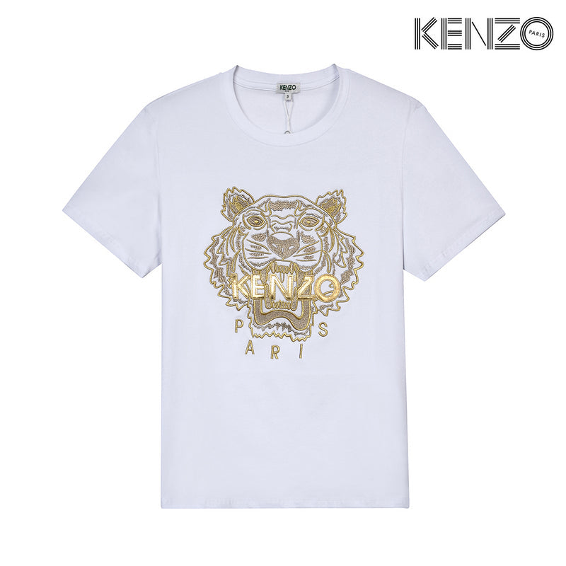 KEC34   Fashion Tiger Head Gold Embroidered T-shirt