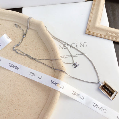 X012   Women's titanium steel double black square necklace jewelry