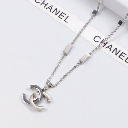 CHN6 Square Stereo Double C 18K Titanium Steel Color Gold Plated Couple Pendant Necklace