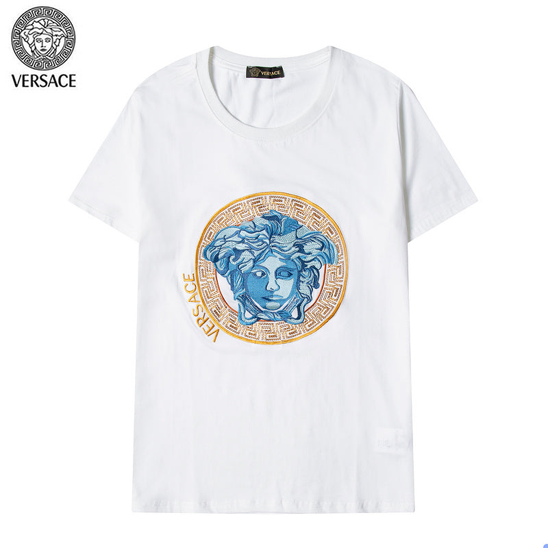 VEC3  Men's and women's gold border and blue Medusa portrait short-sleeved T-shirt