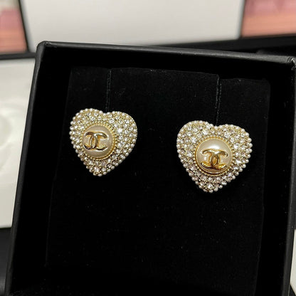 CHE63  Double C full drill double heart stud earrings  Jewelry