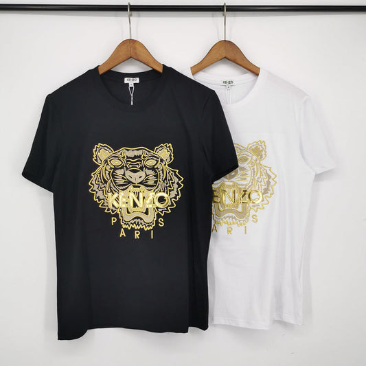 KEC34   Fashion Tiger Head Gold Embroidered T-shirt