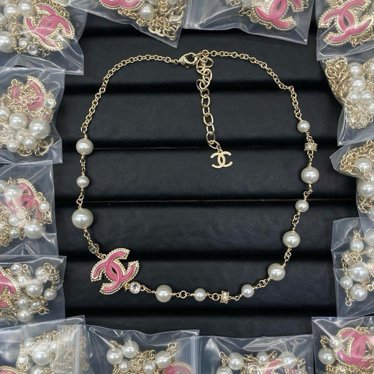 CHN92  Women's pearl powder crystal double C necklace jewelry