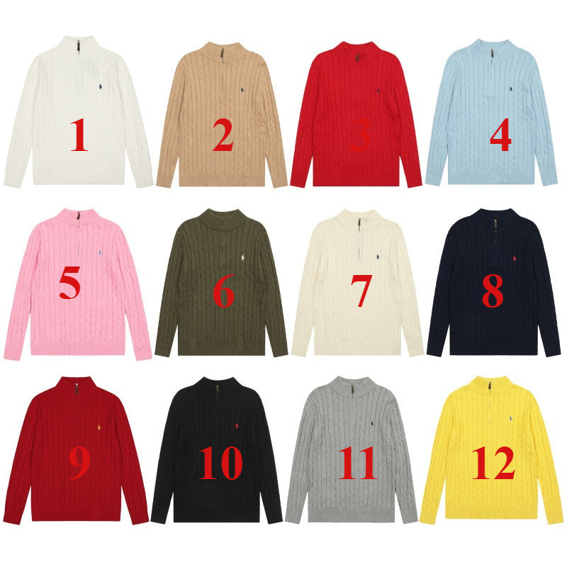 LFC18 New high-quality men's and women's ruff half zip solid pony embroidery logo Fried Dough Twists knitting sweater Clothing